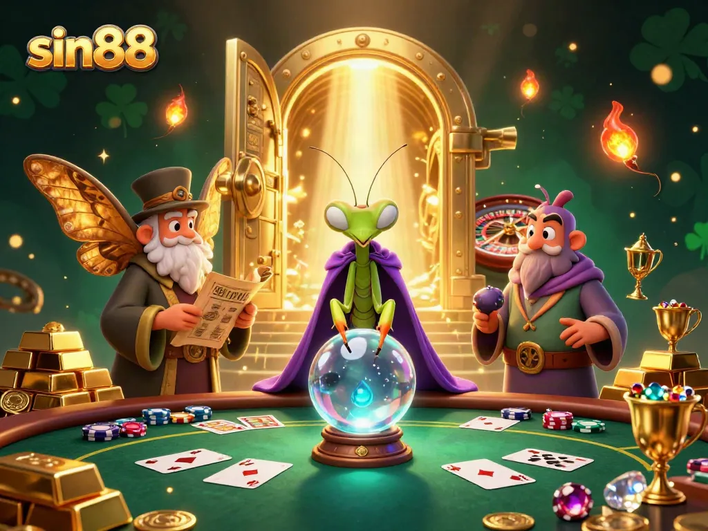 Engage with sin88 poker excitement featuring a 3D mantis fortune teller and moth librarian among golden treasures.