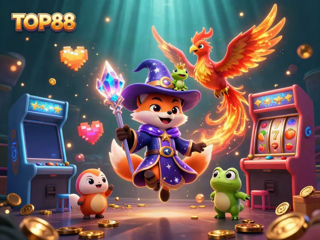 Engage with the enchanting scene of TOP88, featuring a wizard fox, phoenix, and gaming elements.