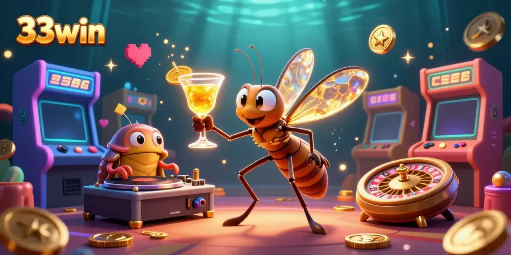 Experience the thrill of gaming with 33win's vibrant casino mascot and unique characters in a colorful scene.