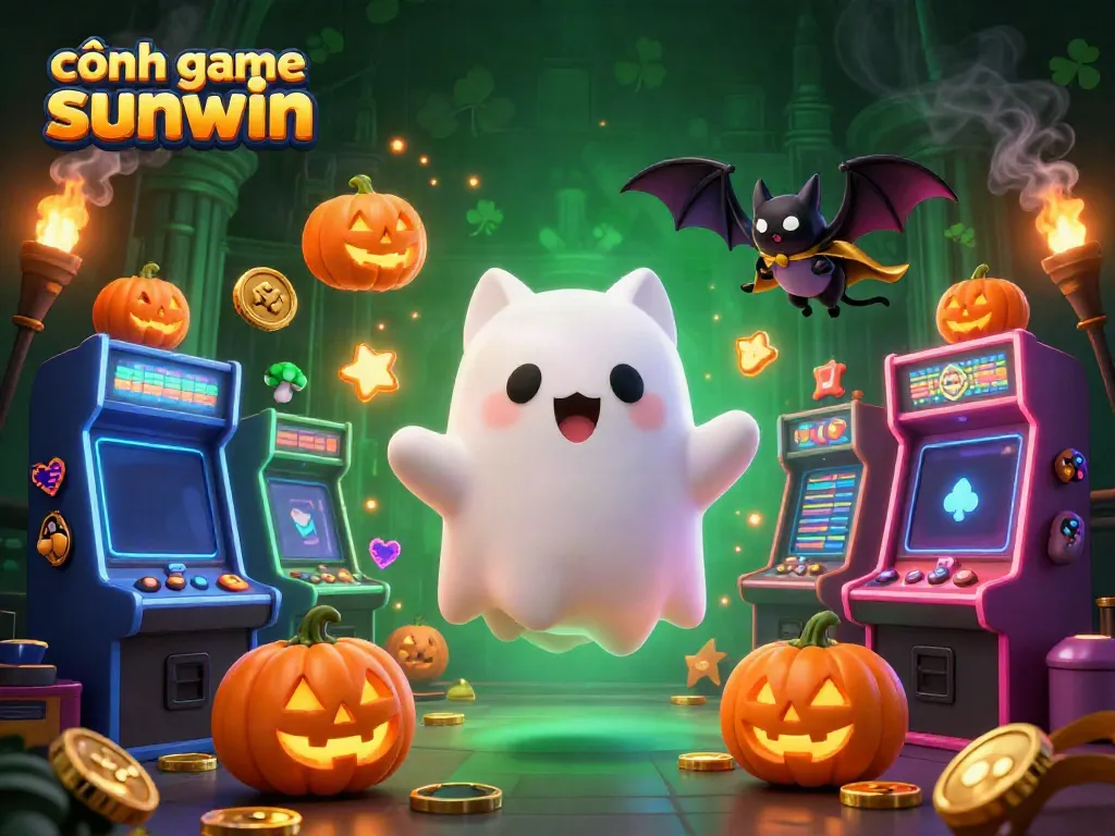 Engage with cổng game sunwin in a vibrant haunted casino scene featuring a ghost cat and arcade machines.