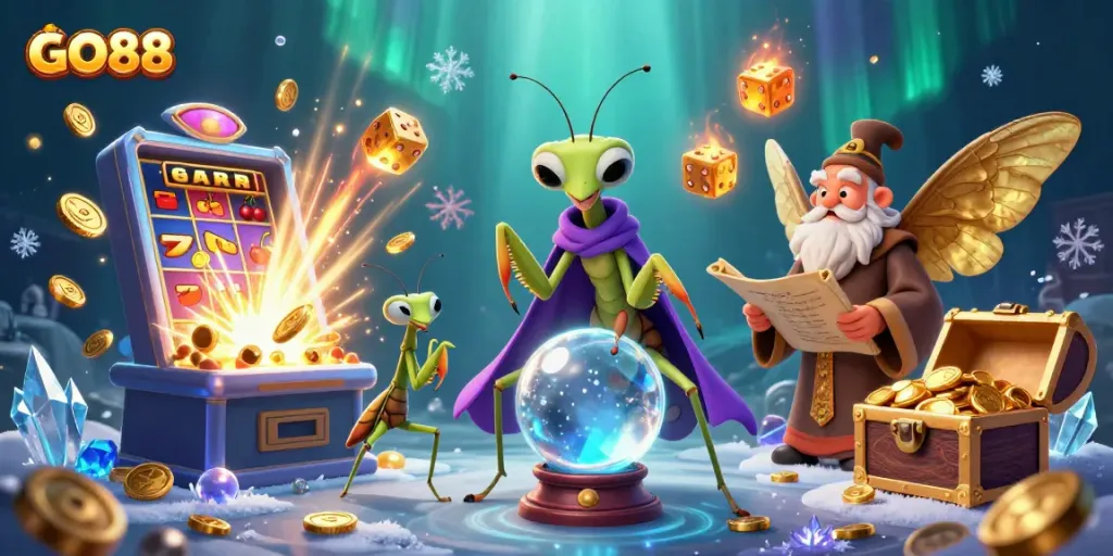 Engage with GO88 through vibrant casino elements and mystical fortune teller scene.