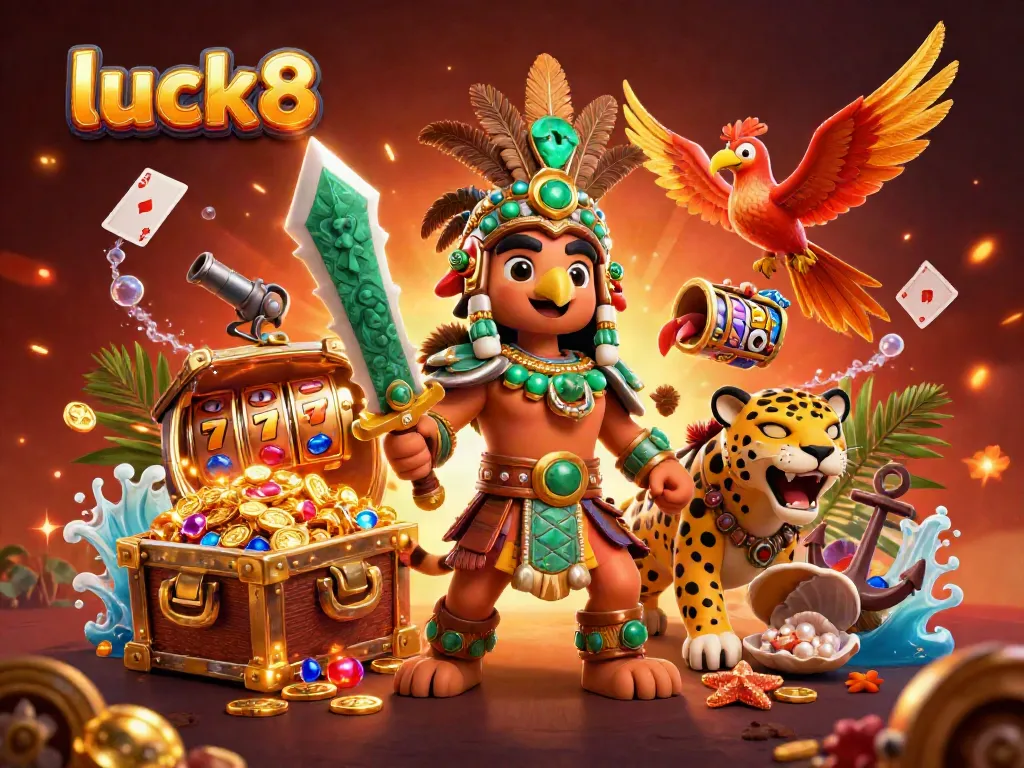 Spin thrilling jackpot slots with luck8 in this dynamic Aztec warrior illustration.