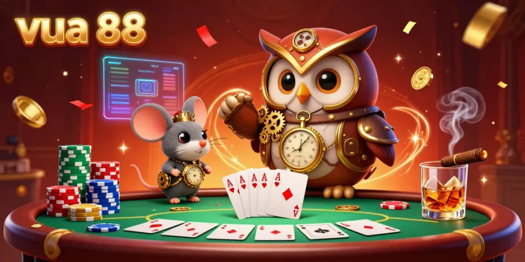 Experience the vibrant world of vua 88 with a charming steampunk owl and poker elements in an energetic casino scene.