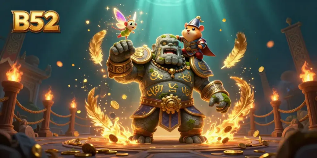 B52 game scene featuring a stone golem, fairy magic, and hamster knight amidst betting tokens and gold coins