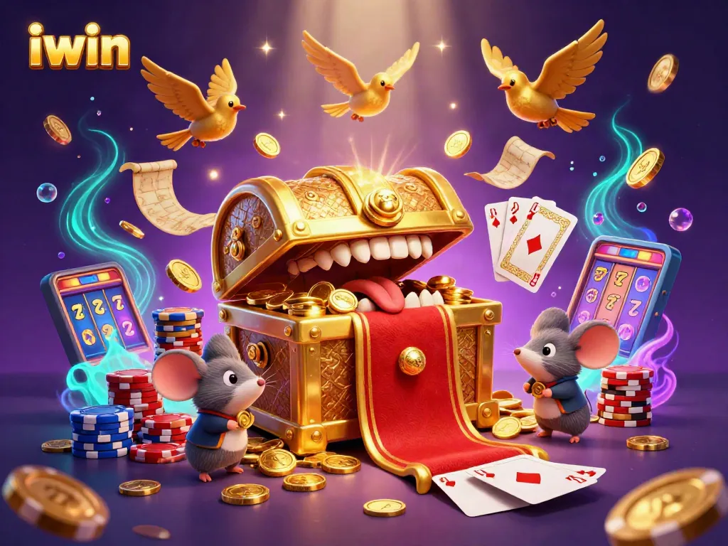Spin to win with iwin's vibrant 3D gaming scene, featuring treasures and casino excitement.