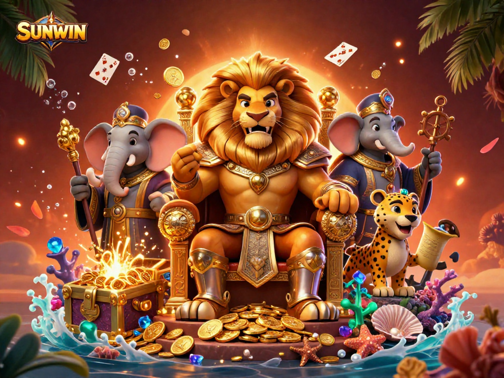 SUNWIN promotes thrilling gameplay with a majestic lion king and vibrant gaming elements in a dynamic casino scene.
