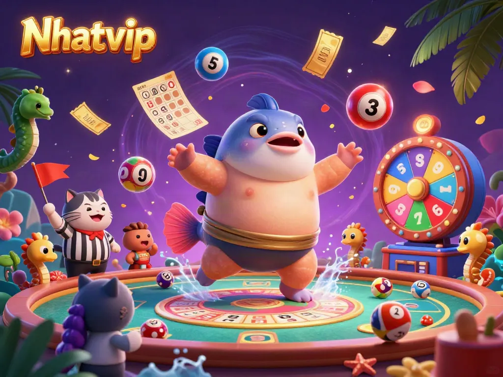Nhatvip promotes fun with a dynamic underwater gambling scene featuring exciting lottery elements and festive characters.