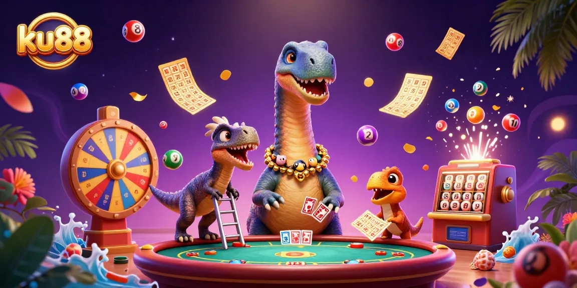 Experience thrilling gaming at ku88 with vibrant casino elements and playful dinosaur characters.