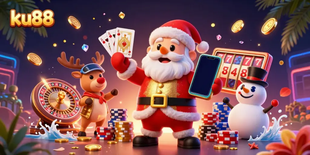 Join ku88's thrilling adventure with a festive Santa and friends celebrating big wins in a vibrant casino.