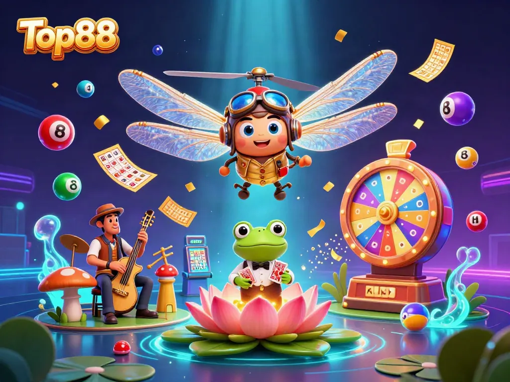 Experience lively action at Top88's vibrant lily pad casino, featuring colorful casino elements and dynamic characters.