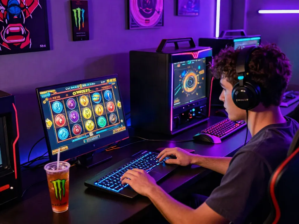 Engaging gaming scene showcasing the excitement of situs gacor with colorful slot reels and neon lights.