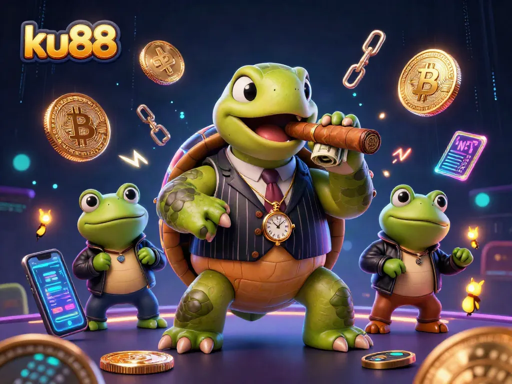 Engage with the vibrant ku88 casino scene featuring a snapping turtle mobster and gaming tokens.