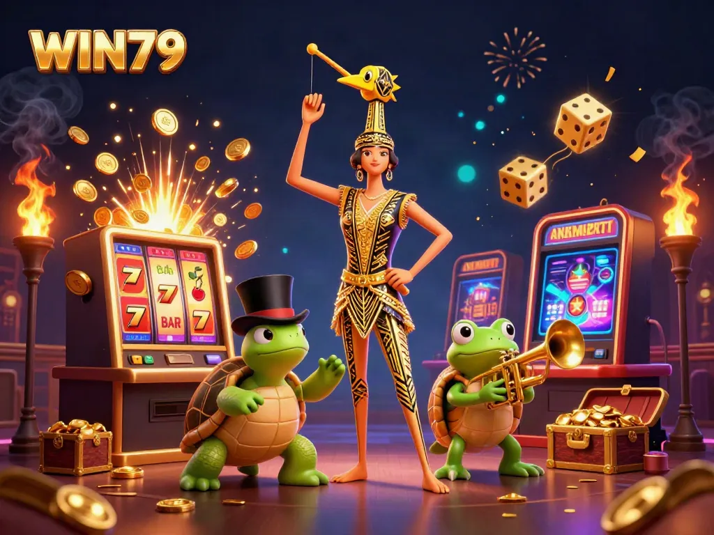 Experience the thrill of WIN79 with this vibrant 3D illustration of a lively casino scene