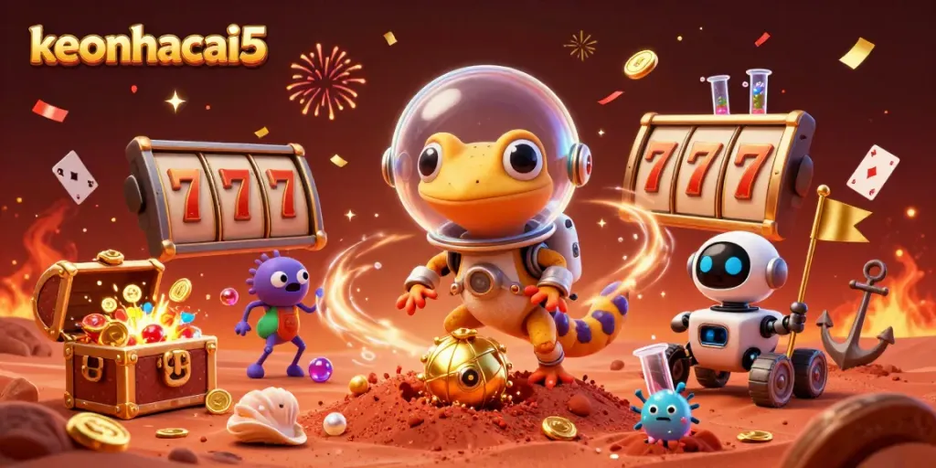 Engage with keonhacai5 in an adventurous scene of Martian gecko and friends exploring a vibrant golden casino.