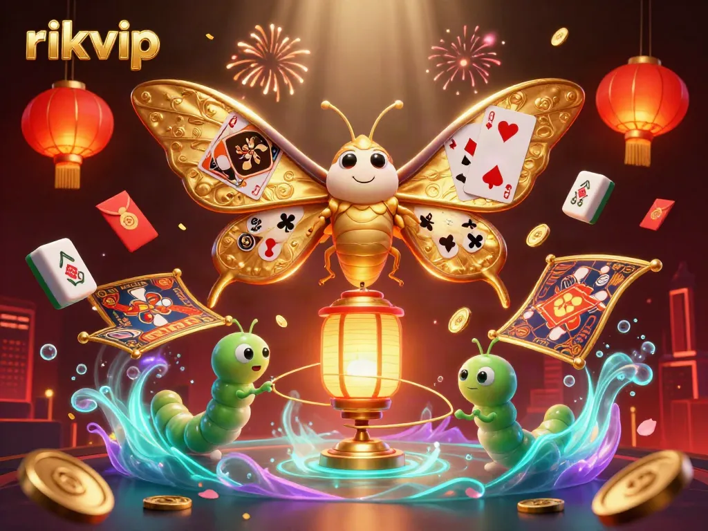 Engage with the vibrant world of rikvip, featuring a majestic golden atlas moth surrounded by dynamic casino elements.