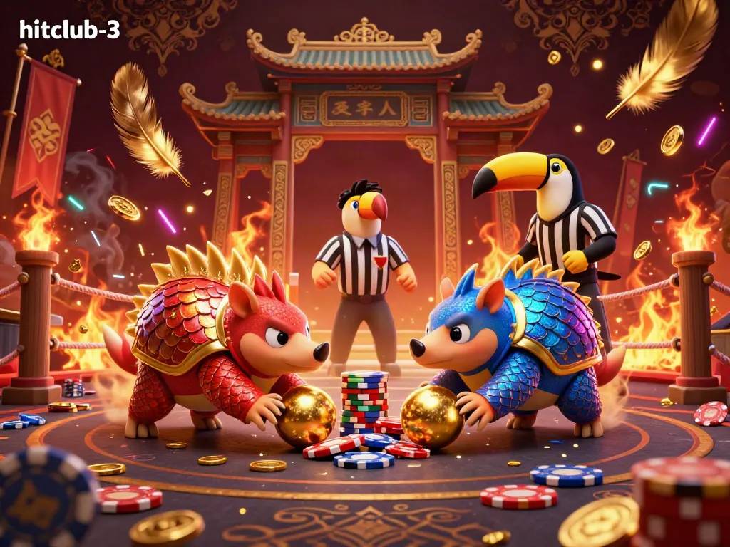 Engage in winning strategies with hitclub-3 as pangolins play through poker chips in a vibrant casino scene.