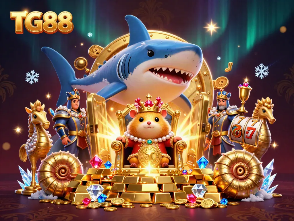Experience the thrill of TG88 with a golden hamster king surrounded by treasures and slot game elements.