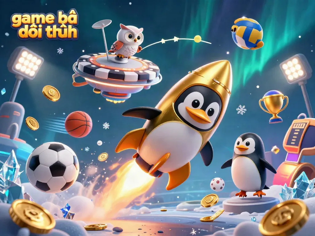 Experience game bài đổi thưởng with a golden penguin in space surrounded by sports elements and a casino station.