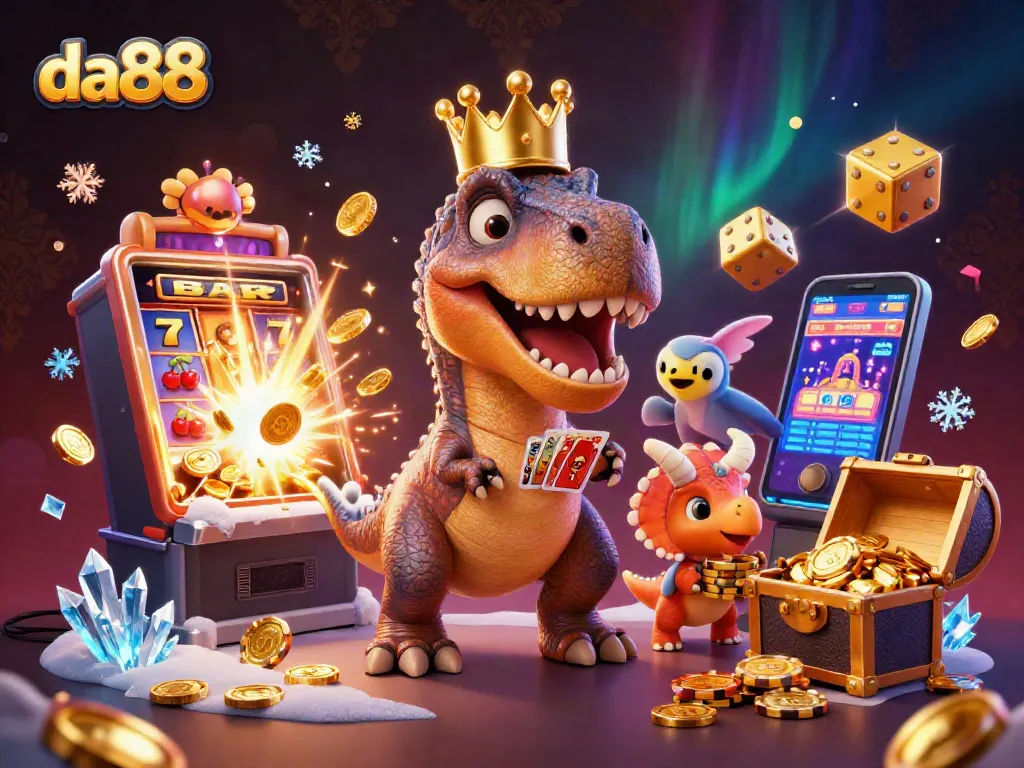 Experience da88's vibrant 3D gaming scene with friendly T-Rex, chips, and slot riches.