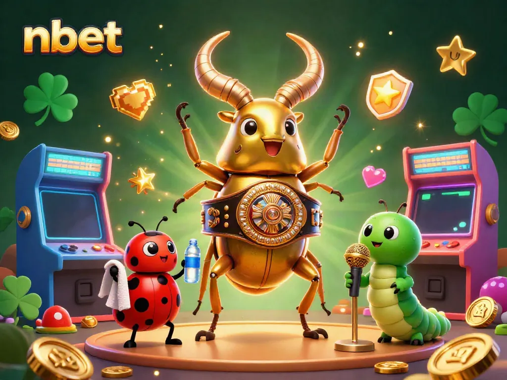 Engage in thrilling gaming experiences at nbet with the lively atmosphere illustrated by a golden stag beetle champion facing off in a dynamic casino setting.