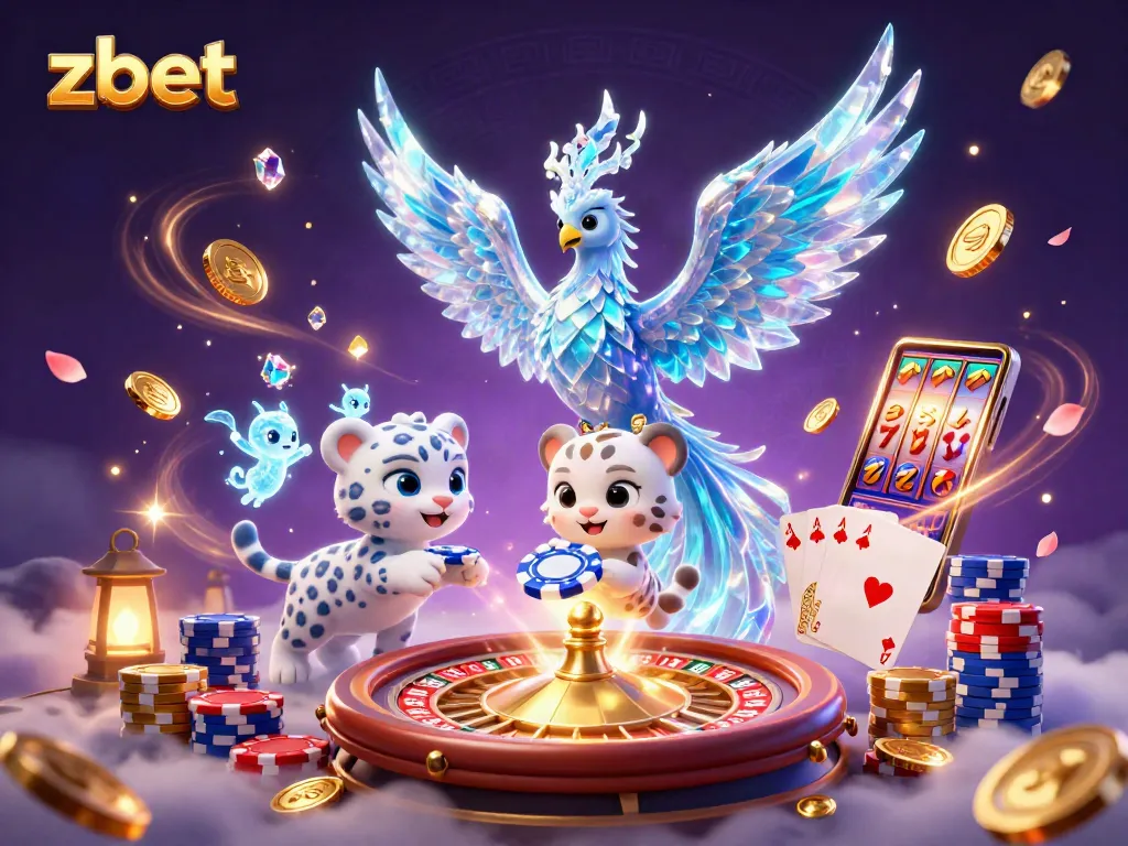 Engage with zbet's thrilling atmosphere, featuring an ice phoenix, poker chip, and vibrant casino elements.