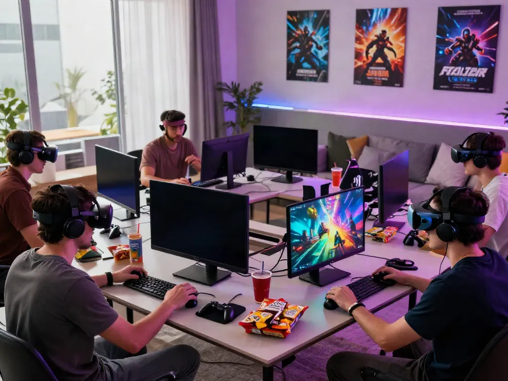 Friends enjoying kilat 404 gaming experience with VR and consoles in a vibrant setting.