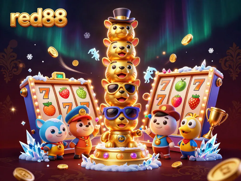 Engage in excitement at red88 with vibrant slot reels and a golden totem in a lively casino scene.