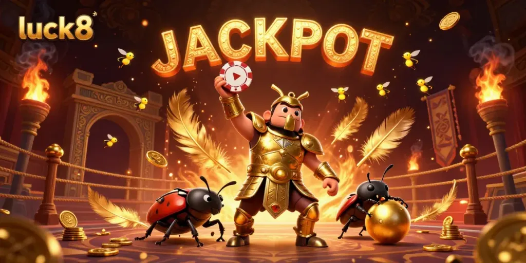 Engage in thrilling victories with luck8 as cartoon beetles celebrate a jackpot in a vibrant casino atmosphere.