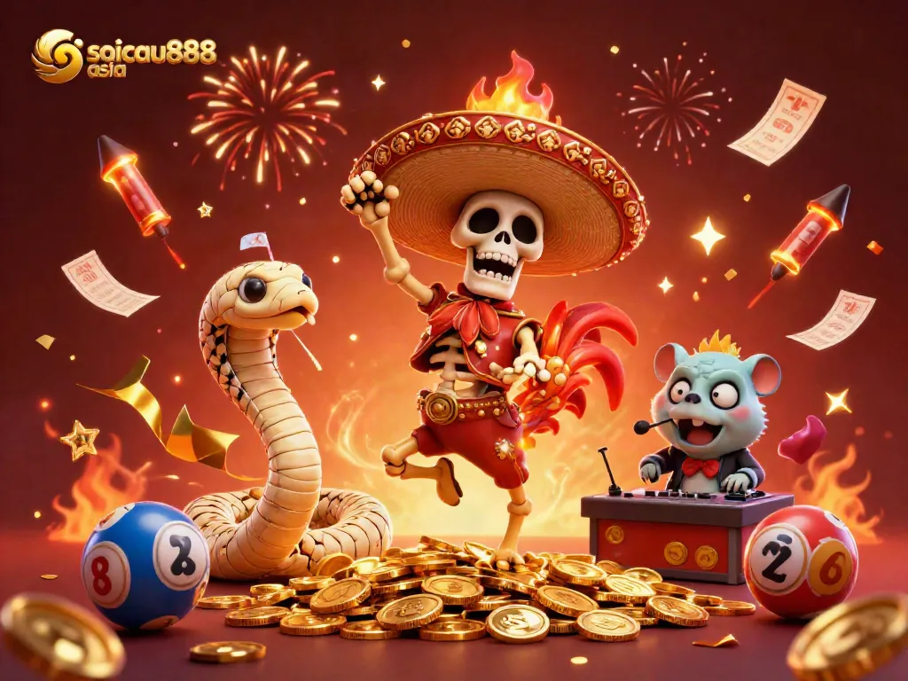 Engage with the festive spirit of soicau888 asia, featuring a lively scene of characters celebrating around lottery elements.