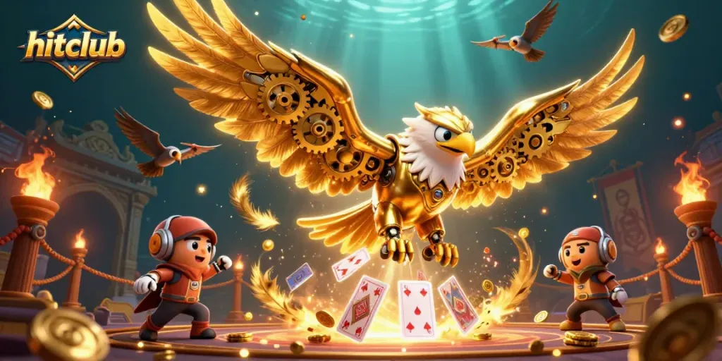 Experience epic gaming adventures with hitclub, featuring a cybernetic eagle diving through playing cards.