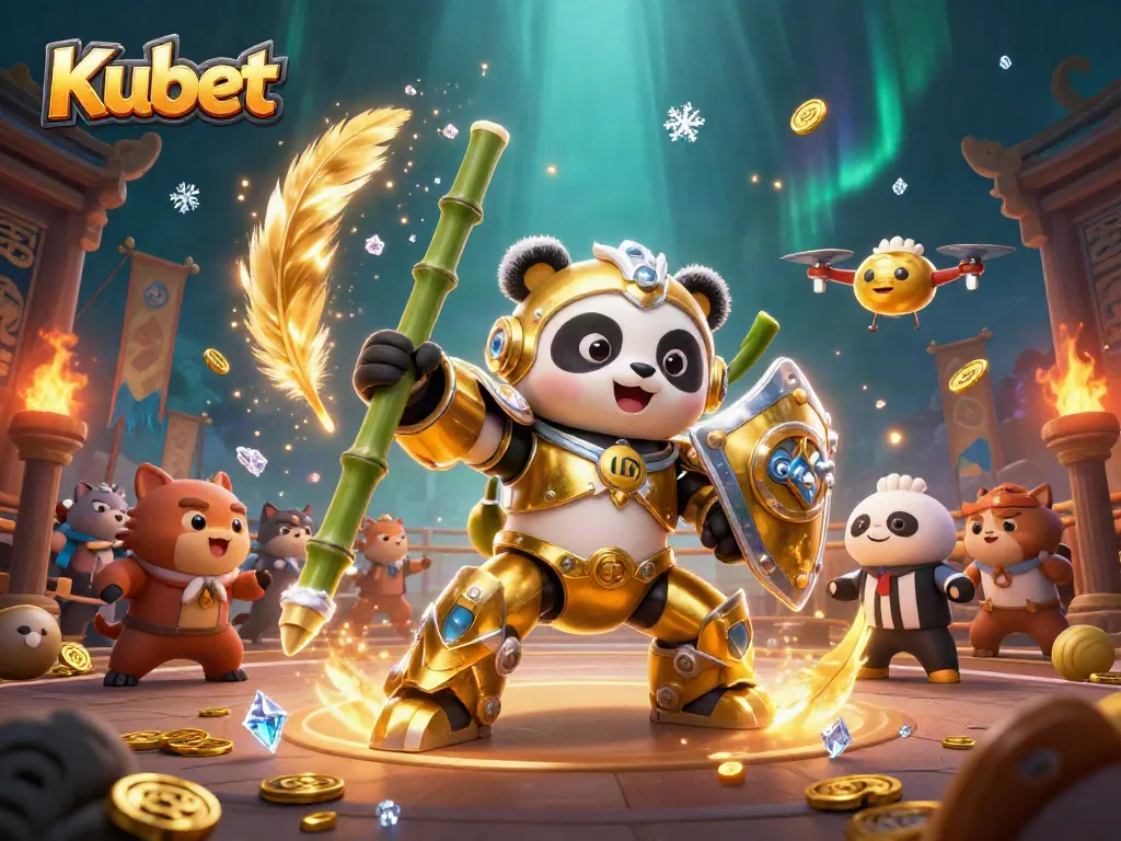 Kubet showcases an action-packed scene with a golden panda in a mech suit piloting a bamboo robot, surrounded by casino excitement.