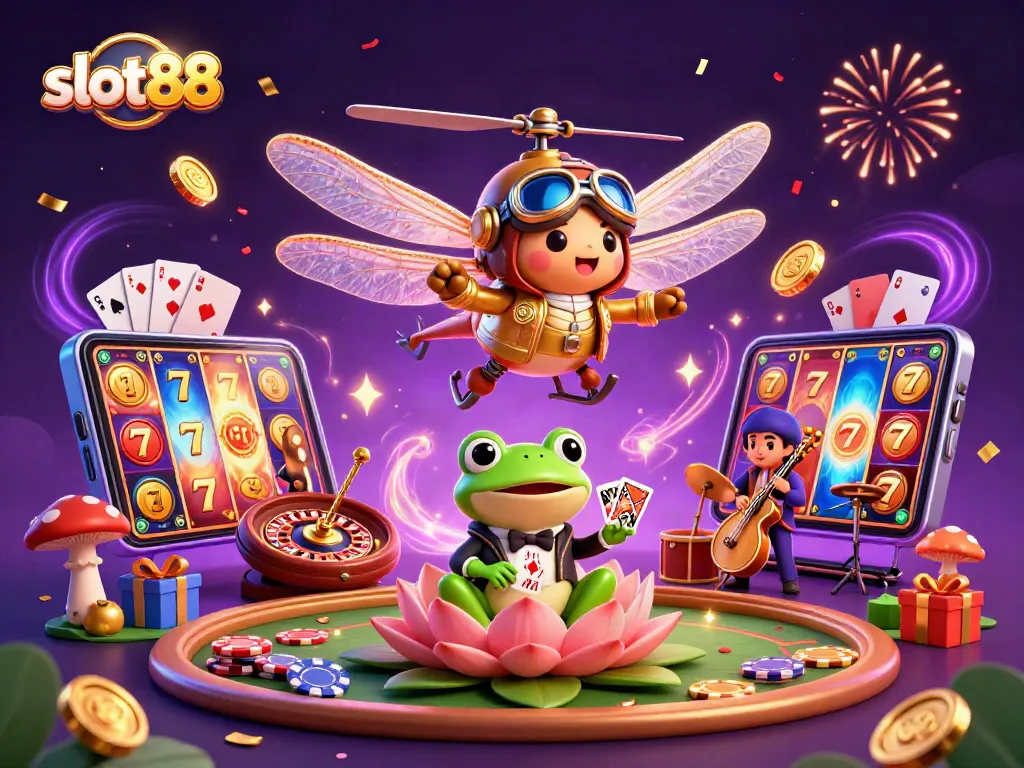 Experience thrilling slot88 action with a dragonfly pilot and frog dealer in a vibrant casino scene.