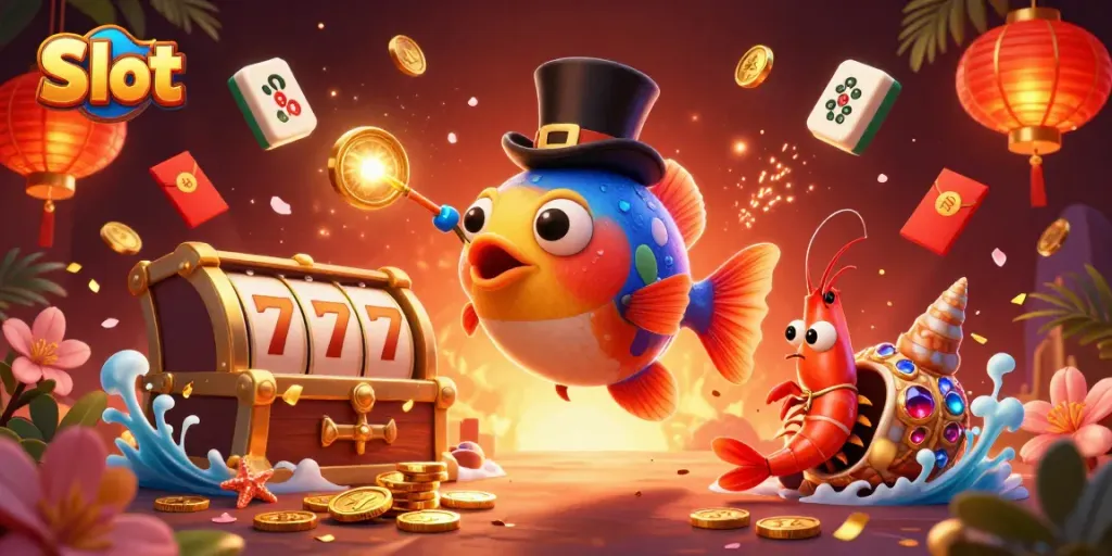 Spin your luck with Slot-themed illustration featuring an anglerfish, shrimp, and snail.