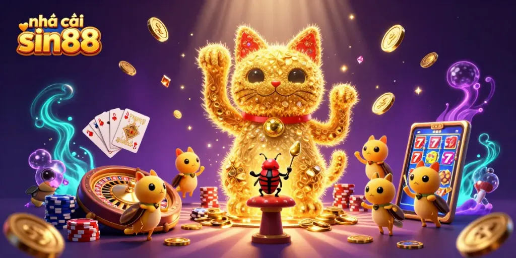 Engage with nhà cái sin88 in a vibrant, animated casino scene featuring golden fireflies and lucky symbols.