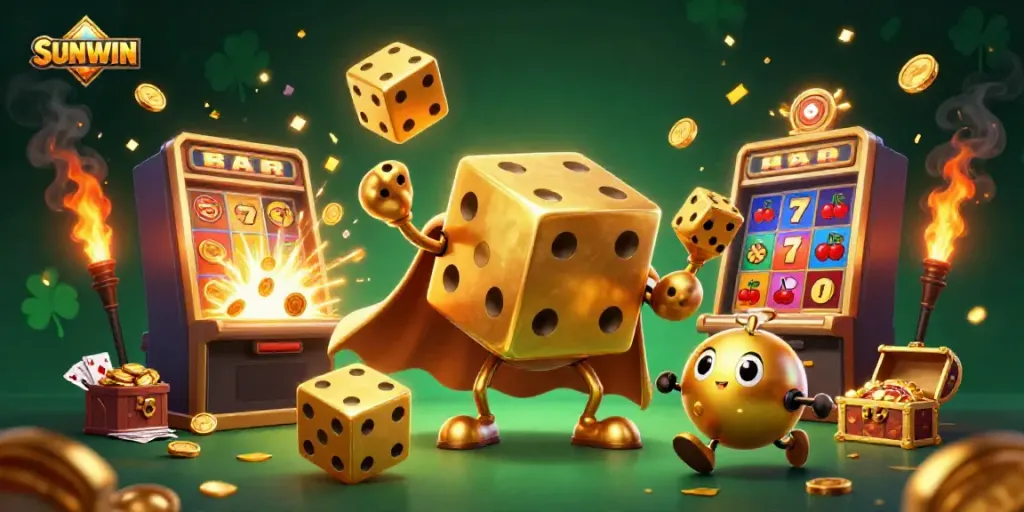 Experience high-stakes fun with SUNWIN's vibrant casino scene showcasing golden dice and exploding jackpots.