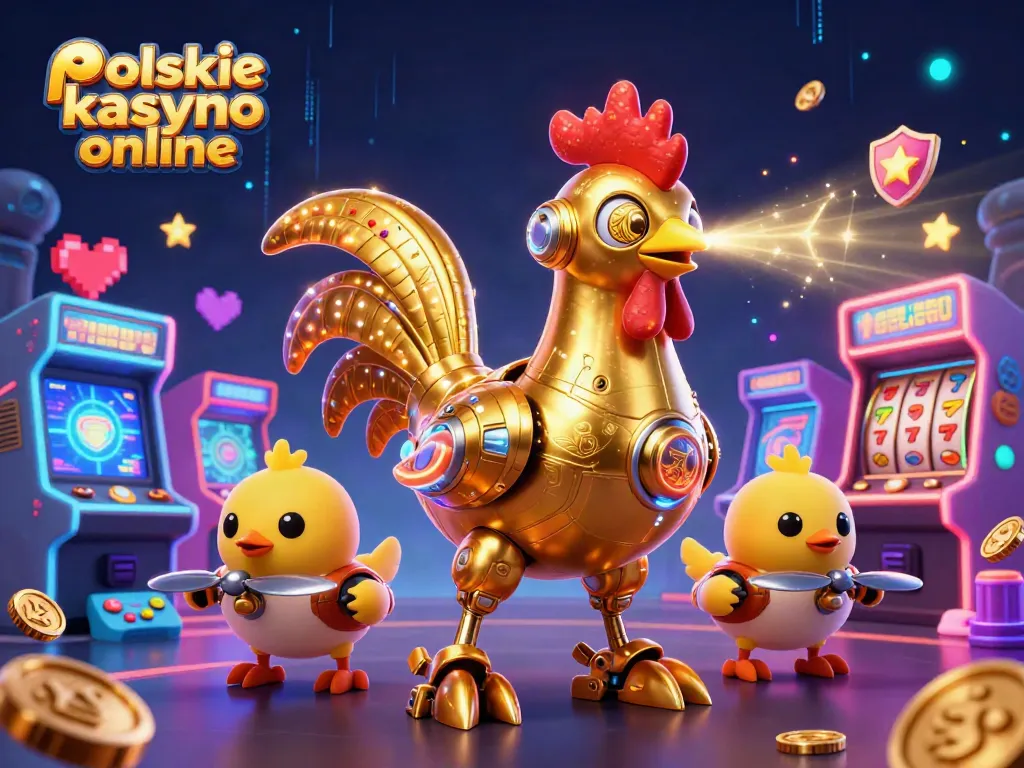 Experience excitement at the polskie kasyno online with a dynamic scene of a golden rooster robot and baby chick drones.