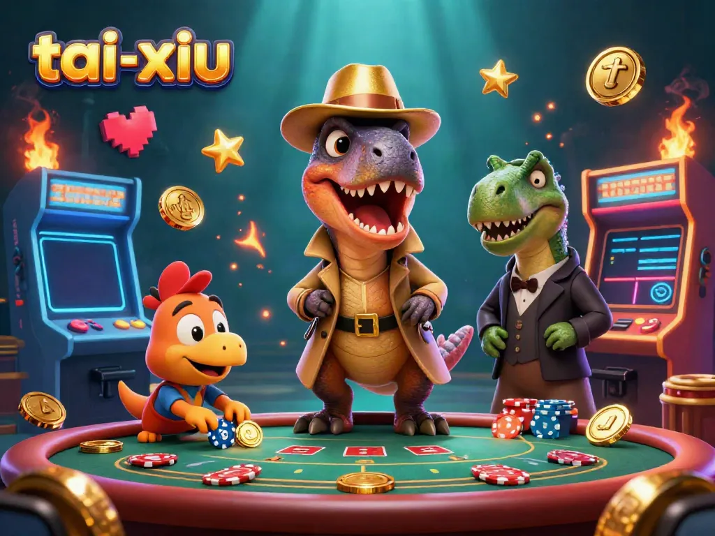 Experience exciting tai-xiu action in a vibrant, detailed 3D casino scene with cartoon dinosaurs.