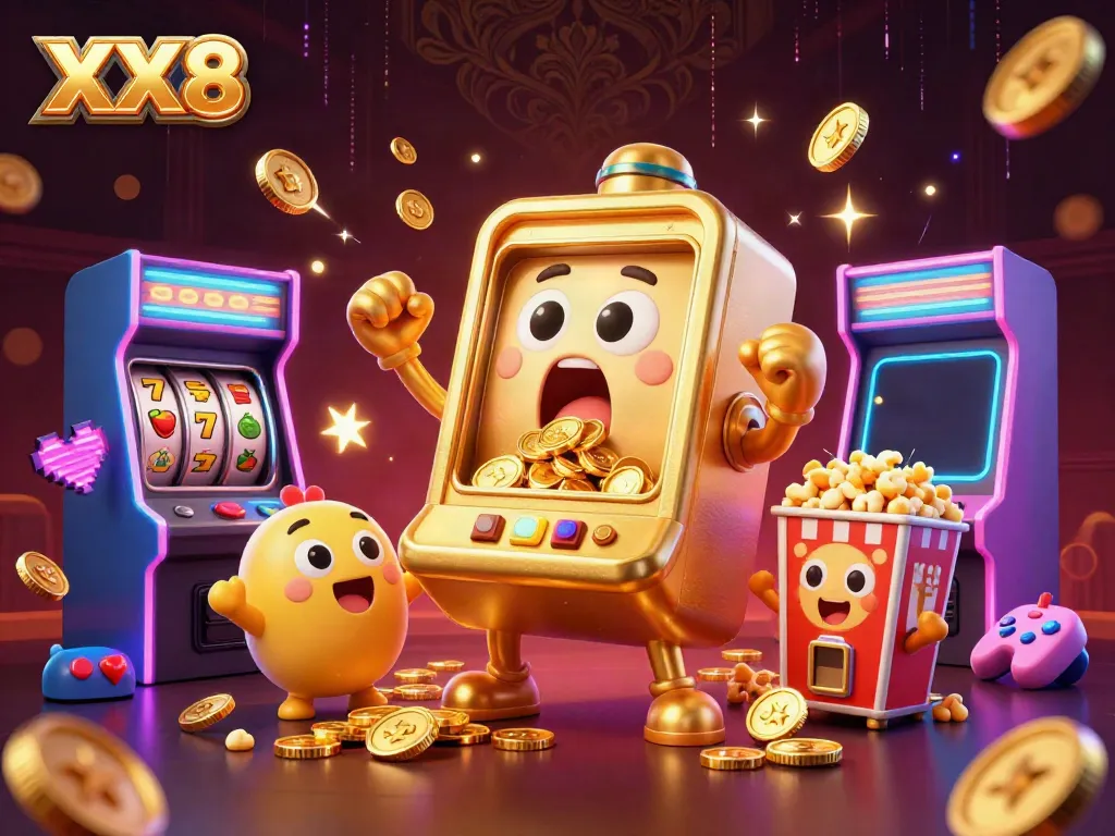 Experience the excitement of XX8 as a cartoon slot machine celebrates its jackpot.