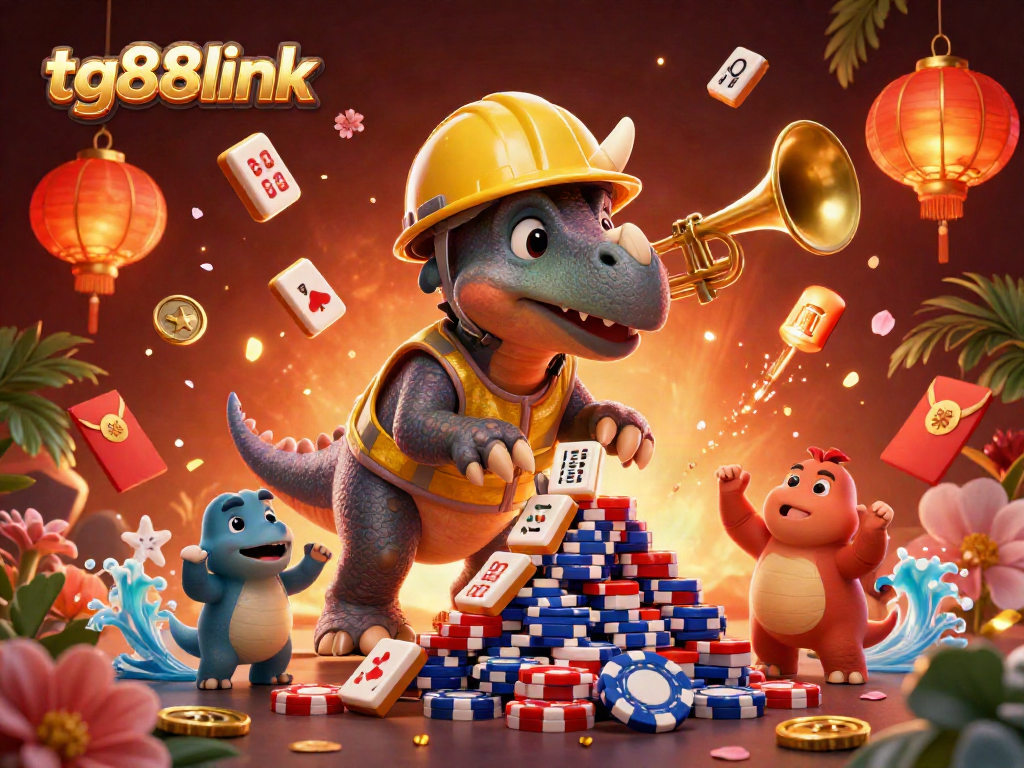Engage with the vibrant world of tg88link as prehistoric characters celebrate wins with poker chips and festive gambling elements.