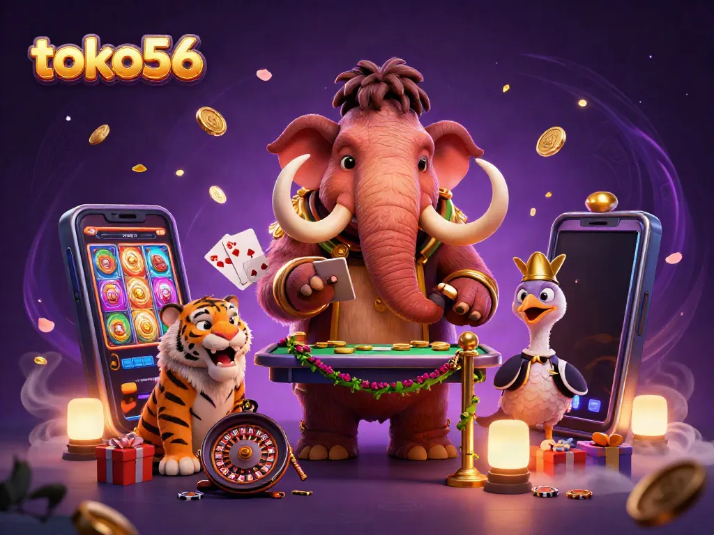 Experience gaming excitement at toko56 with a vibrant scene featuring a woolly mammoth bouncer and VIP characters.