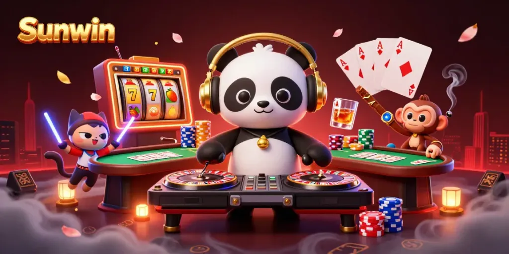 Sunwin players spinning the reels alongside a DJ panda, vibrant casino atmosphere with colorful elements