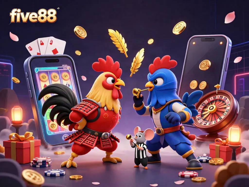Engage with five88's thrilling gaming scene featuring dynamic roosters in battle surrounded by colorful casino elements.
