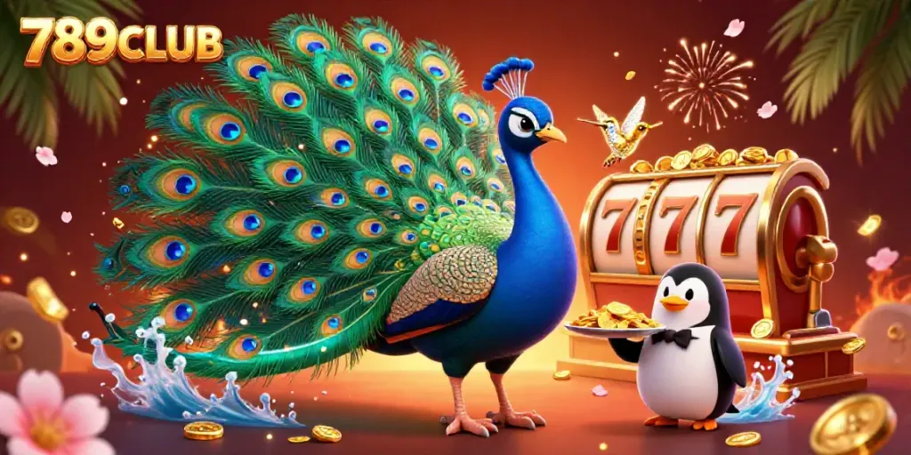 Engage in thrilling gameplay at 789CLUB with a vibrant 3D casino scene full of slots, coins, and festive fireworks.