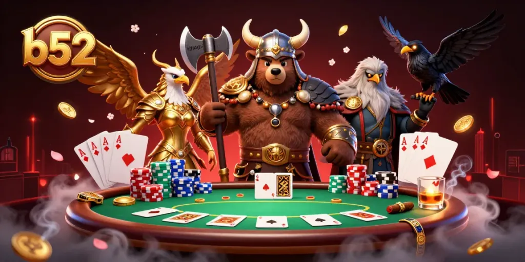 Engage in the b52 gaming adventure with a vibrant poker scene featuring Viking characters.