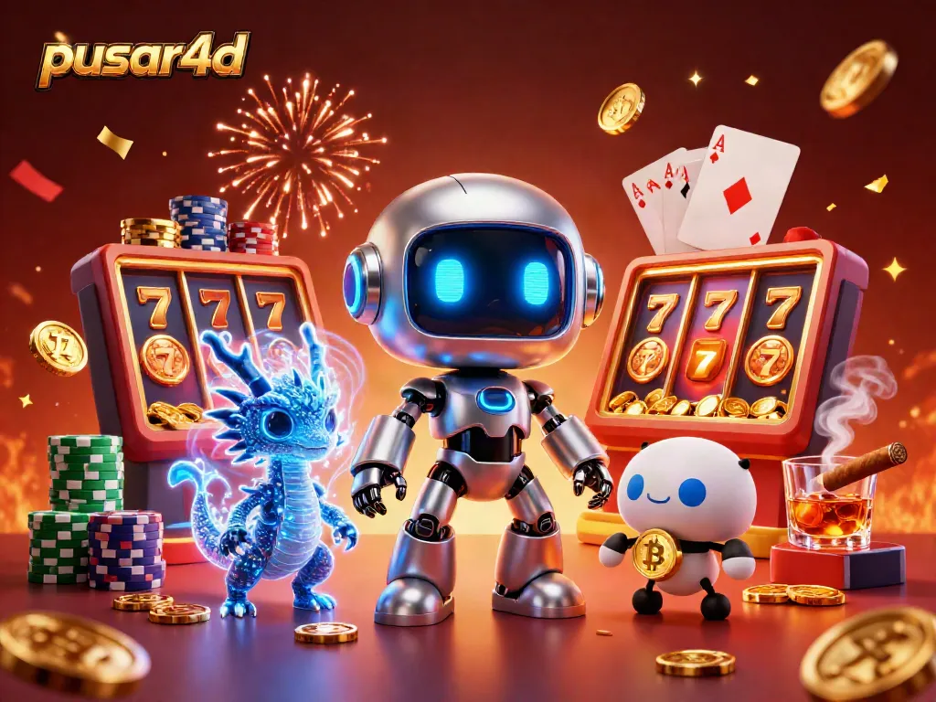 Pusar4d players enjoy engaging in exciting slot games surrounded by a vibrant casino atmosphere with animated elements.