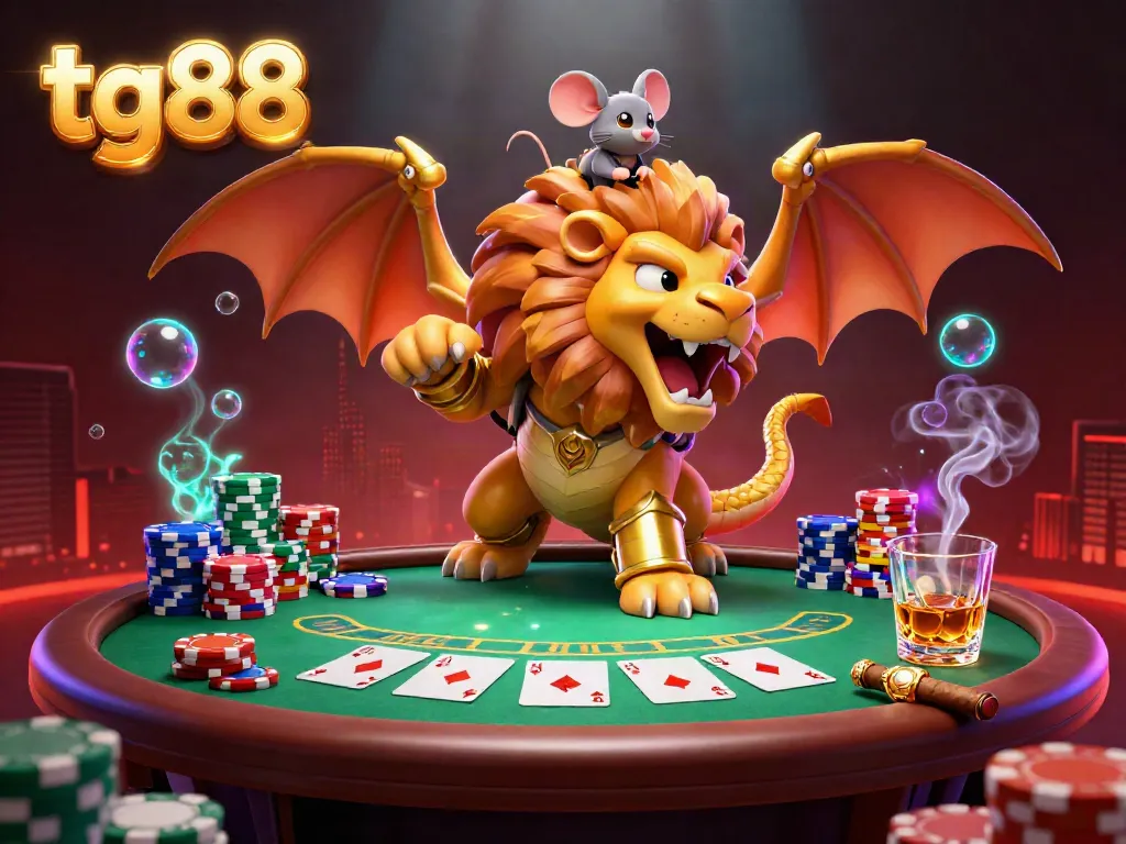 Engage with tg88 at our vibrant casino scene featuring a roaring chimera and poker elements.