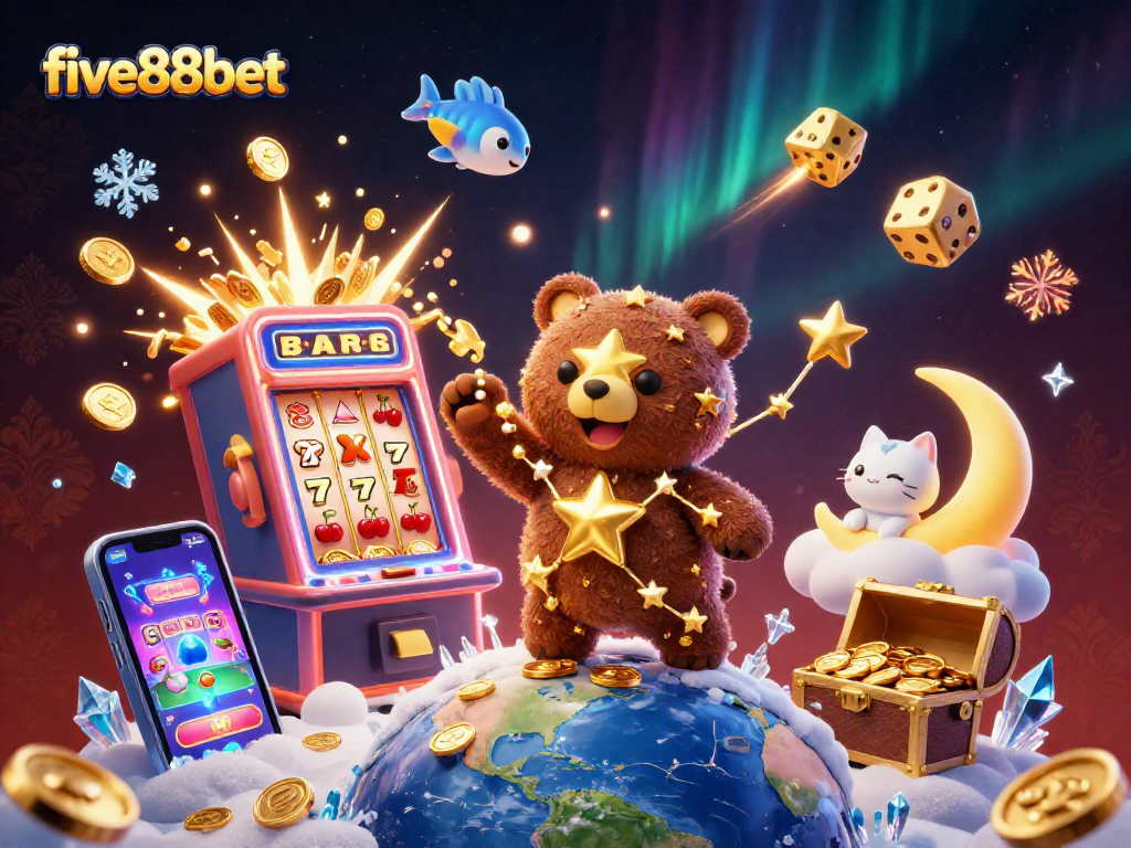 five88bet engaging players with a vibrant 3D casino illustration highlighting slot elements and celestial characters.
